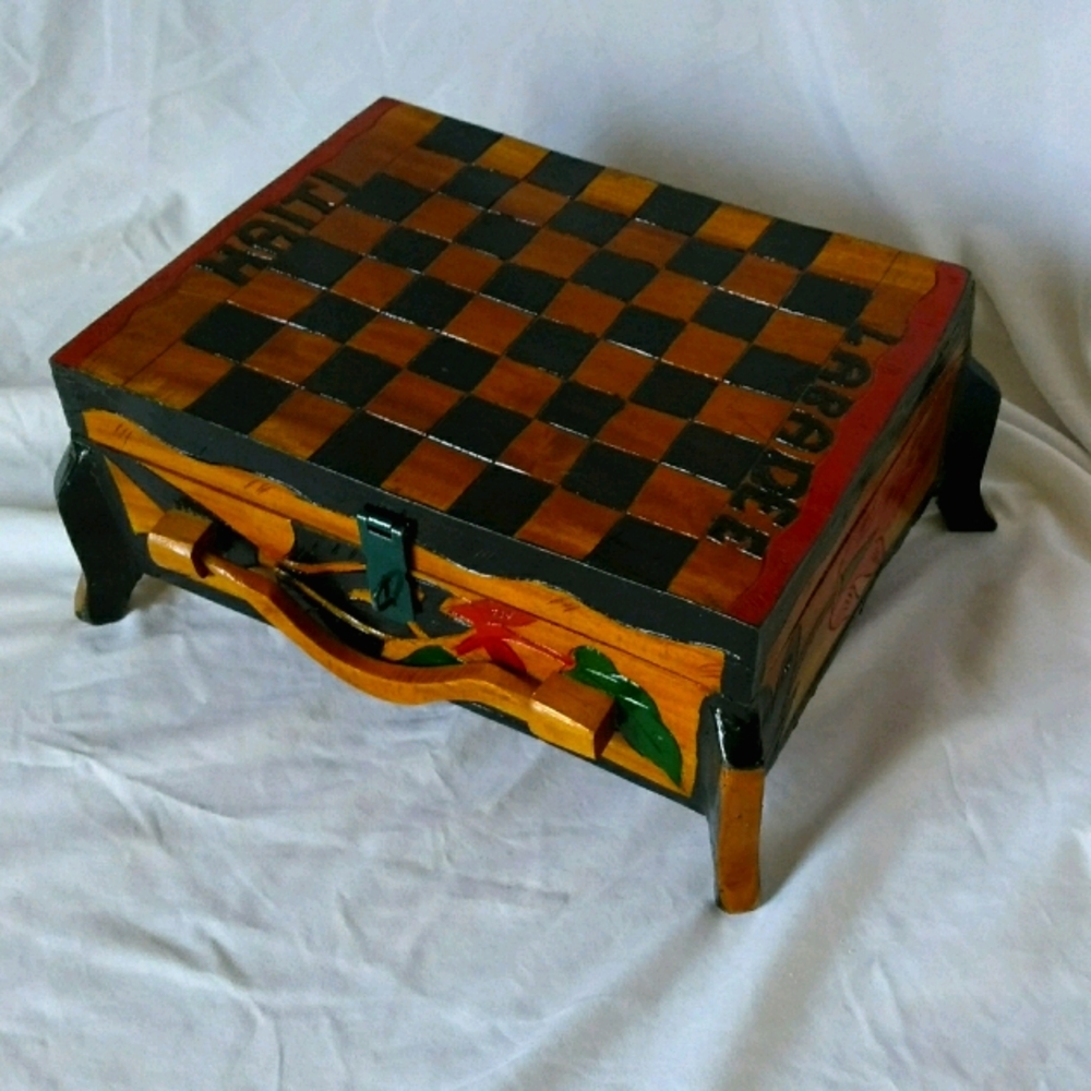 Charming Hand Carved Wood Chess Set in Lock Box